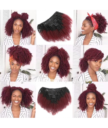 Afro Curly Ombre Mörkbrun Clip-In Extensions Kit 99J 120 gr Véritable concentré